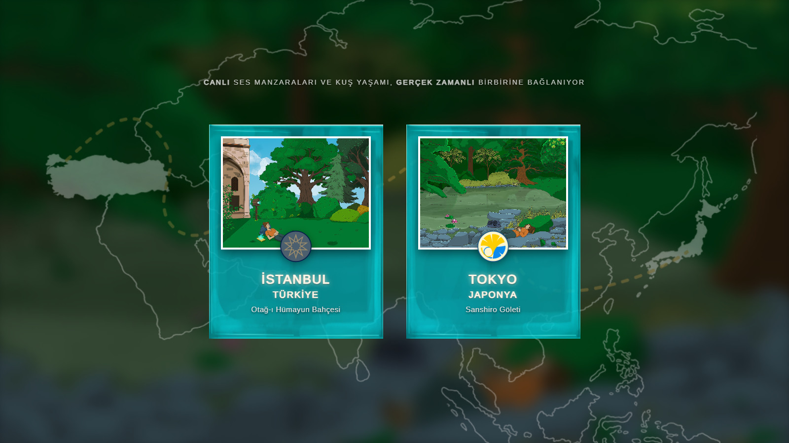 BirdHub giriş ekranı: İstanbul ve Tokyo kampüslerinin seçildiği iki kart ve arkada dünya haritası