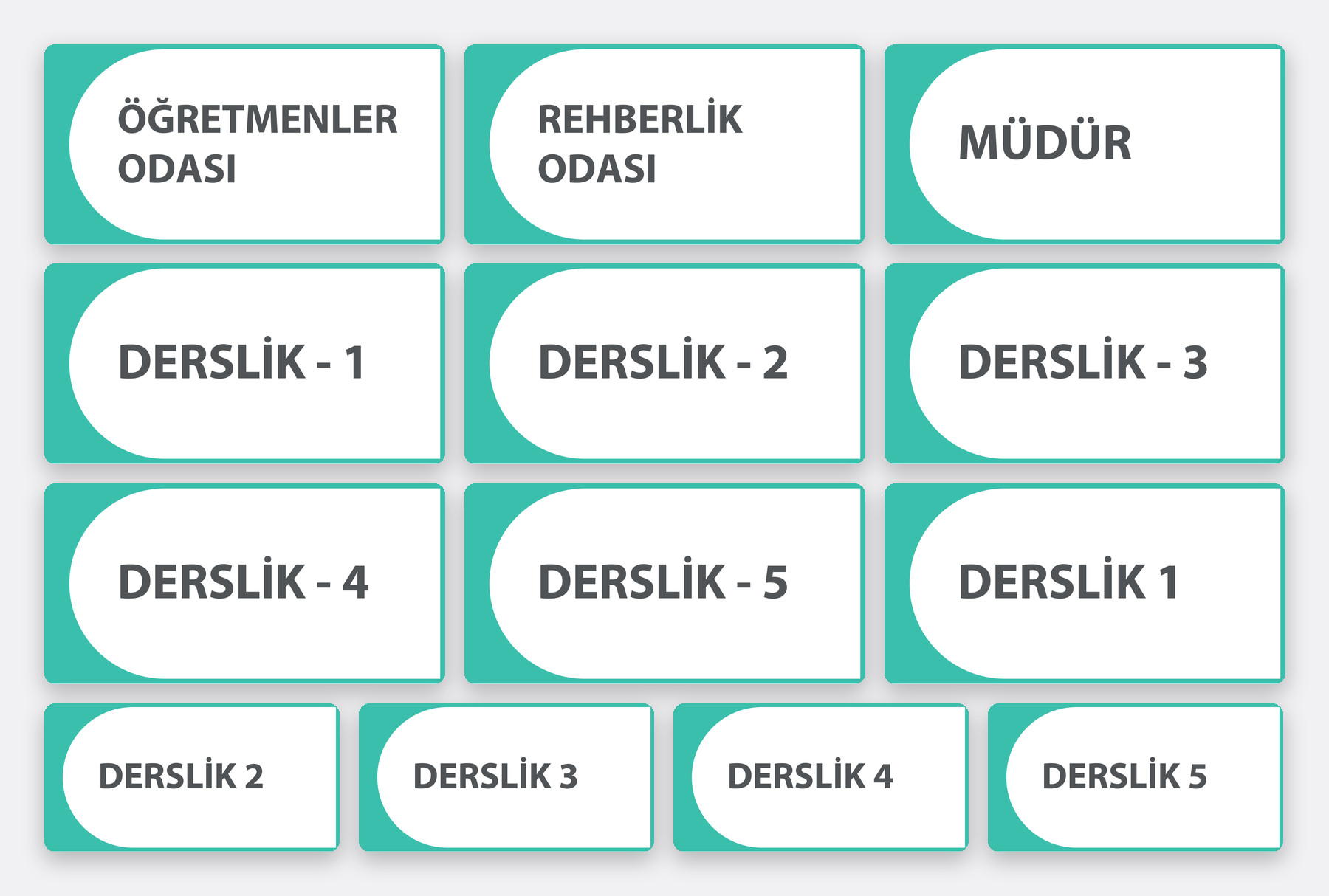 MEB kılavuzuna uygun 13 kapı isimliği: müdür, rehberlik, öğretmenler odası ve derslikler