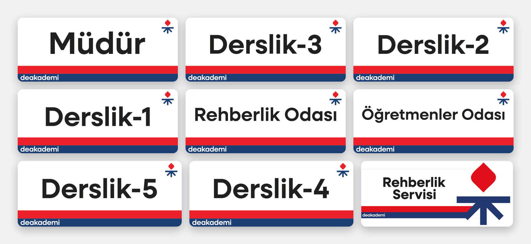 Deakademi ünvan tabelaları: müdür, rehberlik ve derslikler
