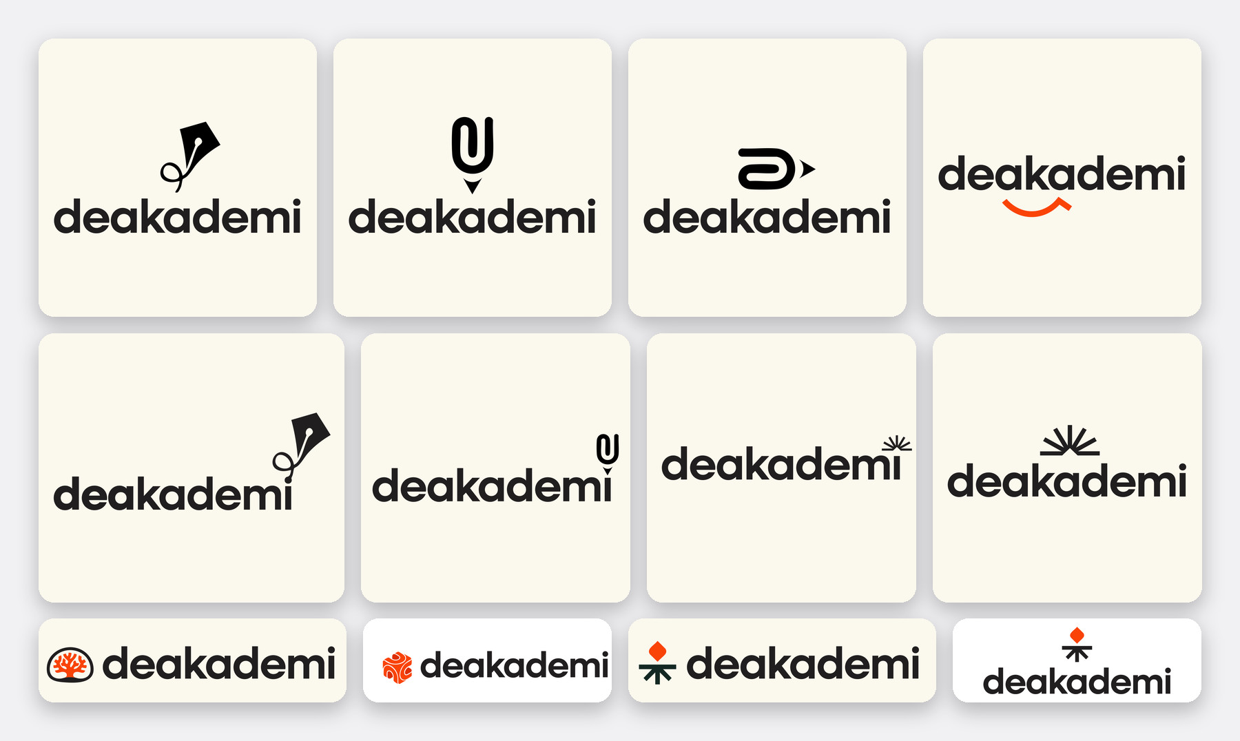 Deakademi logo eskizleri: kalem ucu, ataş, kitap ve güneş, gülümseme gibi alternatif fikirler
